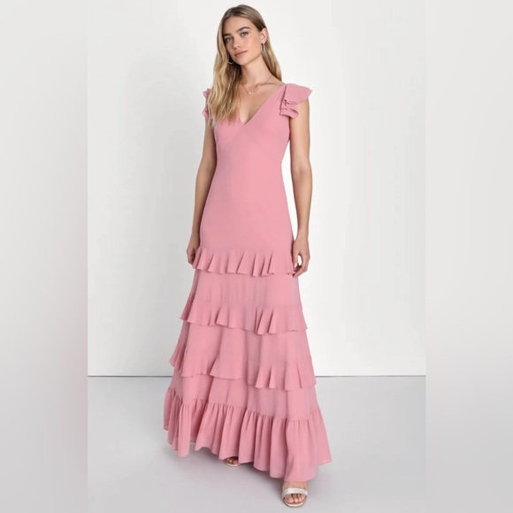NWT Lulus Dusty Rose Backless Ruffle Maxi Dress - Picture 1 of 4